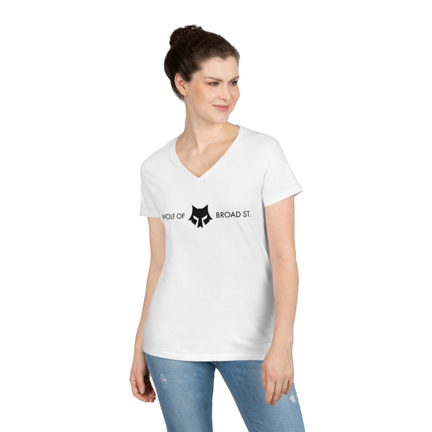 Women's Wolf of Broad Street "Power Moves Only" V-Neck White Tee