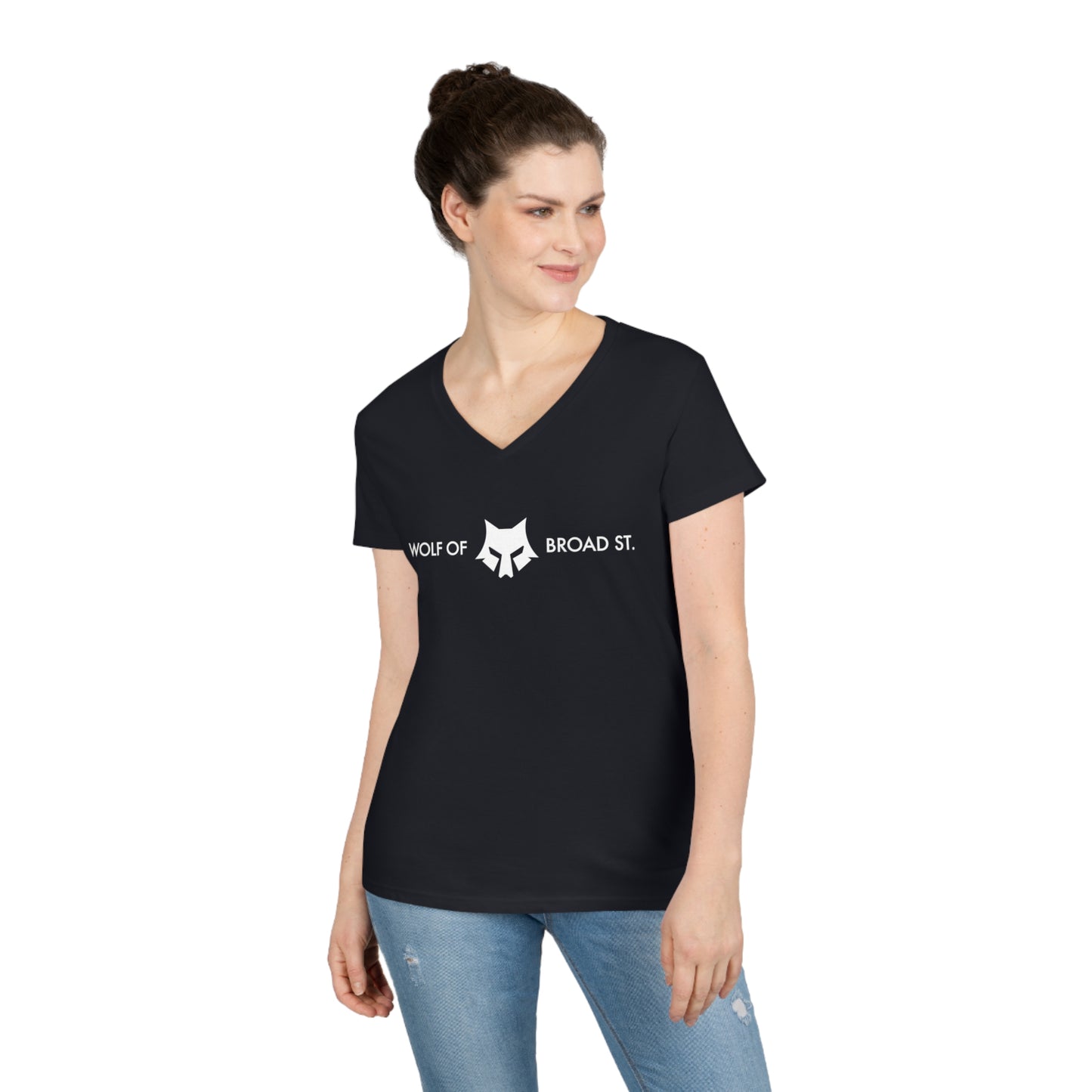 Women's Wolf of Broad Street "Power Moves Only" V-Neck Black Tee